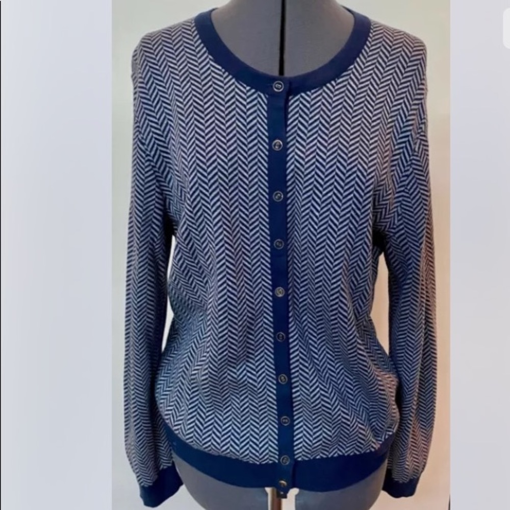 Tommy Hilfiger LADIES COTTON CARDIGAN SWEATER HERRINGBONE STRIPE BLUE GRAY XL
